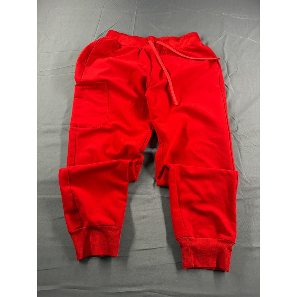 Mandala Womens Red Scrub Pants Jogger Drawstring Cargo Pockets Stretch 27in